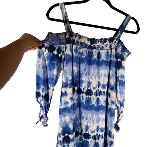 French Laundry Women Size Medium Blue Tie‎ Dye Mini Dress Cut Out Shoulder Tunic - Picture 6 of 9